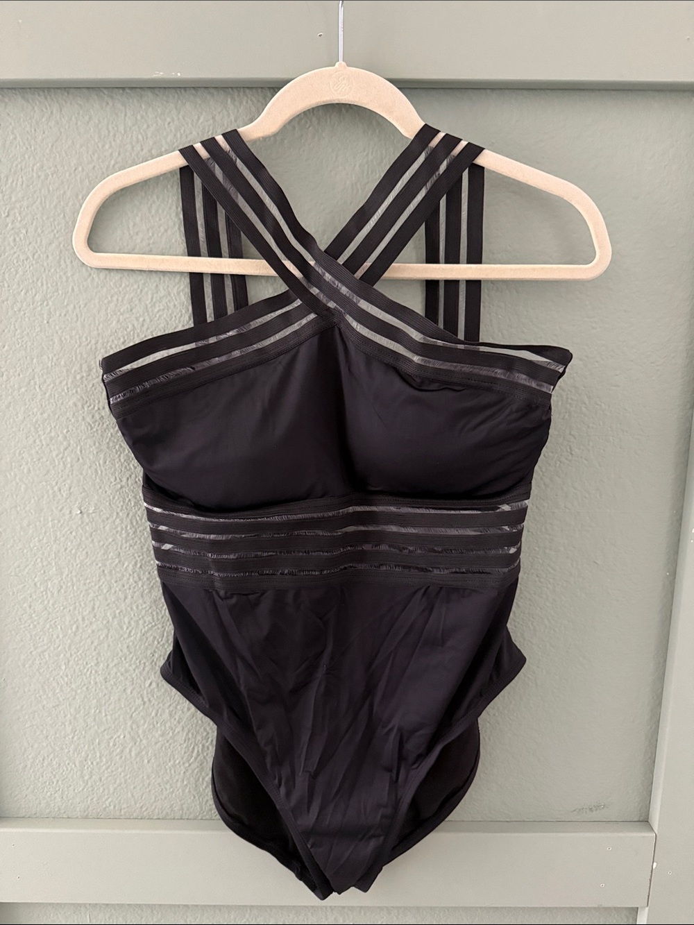 Hilor Black Strappy One-Piece Swimsuit with Sheer Stripe Accents - Size Large